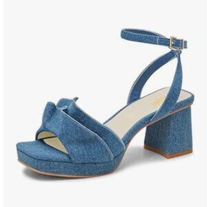 Pazzion Blue Platform Square Toe Pleated Ruffle Chunky High Heels Strap Sandals
